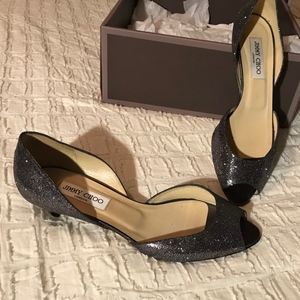 Jimmy Choo silver peep toe kitten heel pumps